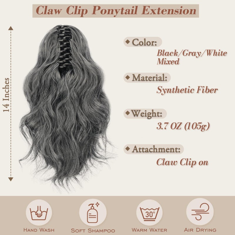 BARSDAR Claw Clip in Ponytail Extensions - 14 Inch Short Wavy Ponytail Hair Extensions for Women - Gray Ponytail Synthetic Claw Clip in Pony Tails Hairpieces - Black & Gray Mixed - Image 2