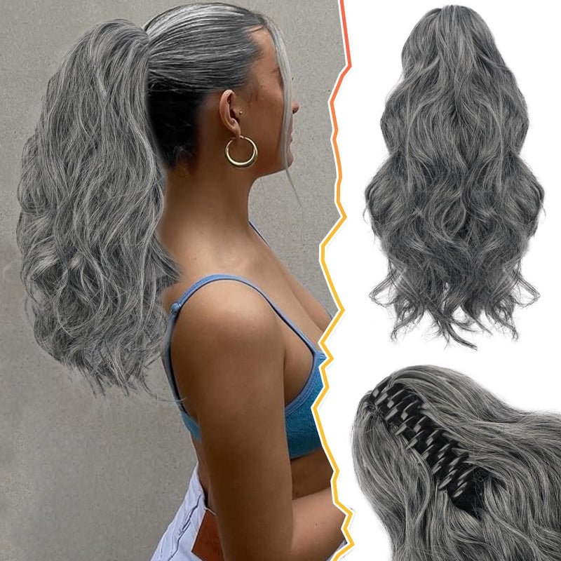 BARSDAR Claw Clip in Ponytail Extensions - 14 Inch Short Wavy Ponytail Hair Extensions for Women - Gray Ponytail Synthetic Claw Clip in Pony Tails Hairpieces - Black & Gray Mixed - Image 1