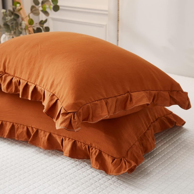 Merryword Burnt Orange Pillowcases Cute Pillow Cover Rust Ruffle Queen Set of 2 Shabby Chic Caramel Pillowcases 2 Pack (Queen (20''x30''), Caramel) - Image 1