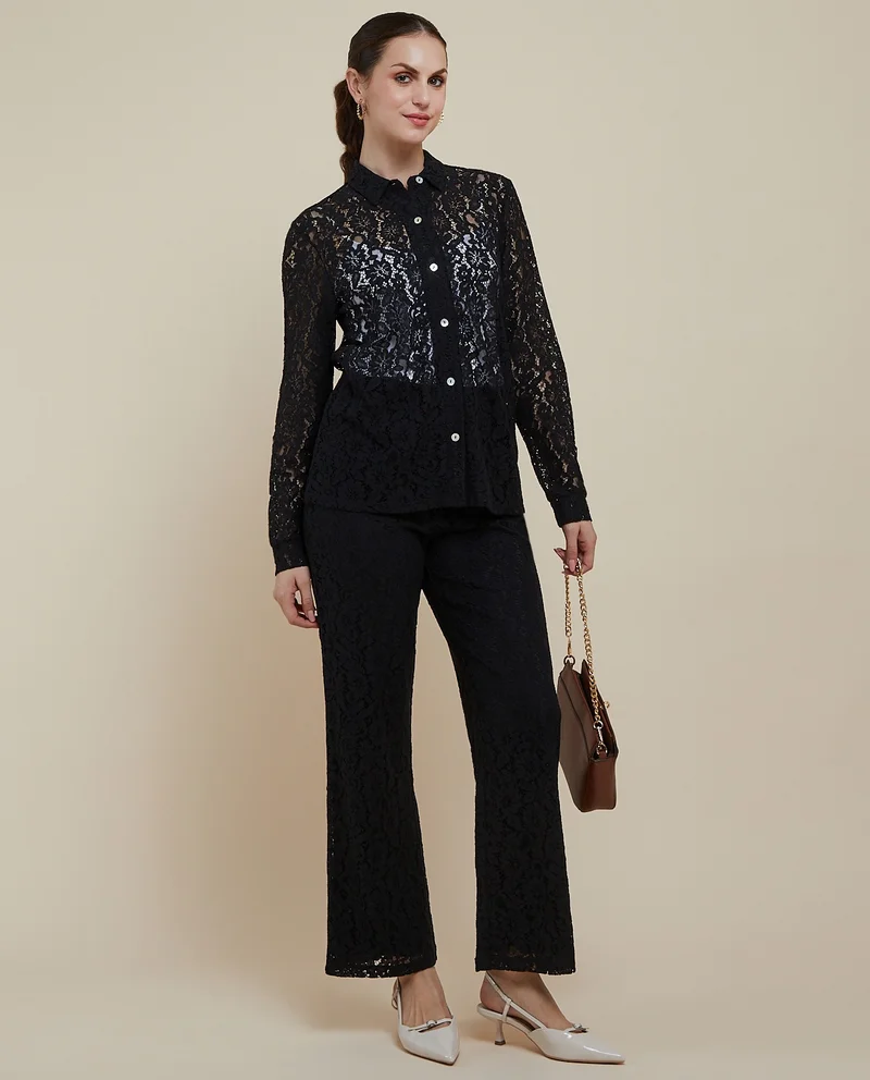 أر أند بي Lace Straight Fit Pants with Elastic Waist
