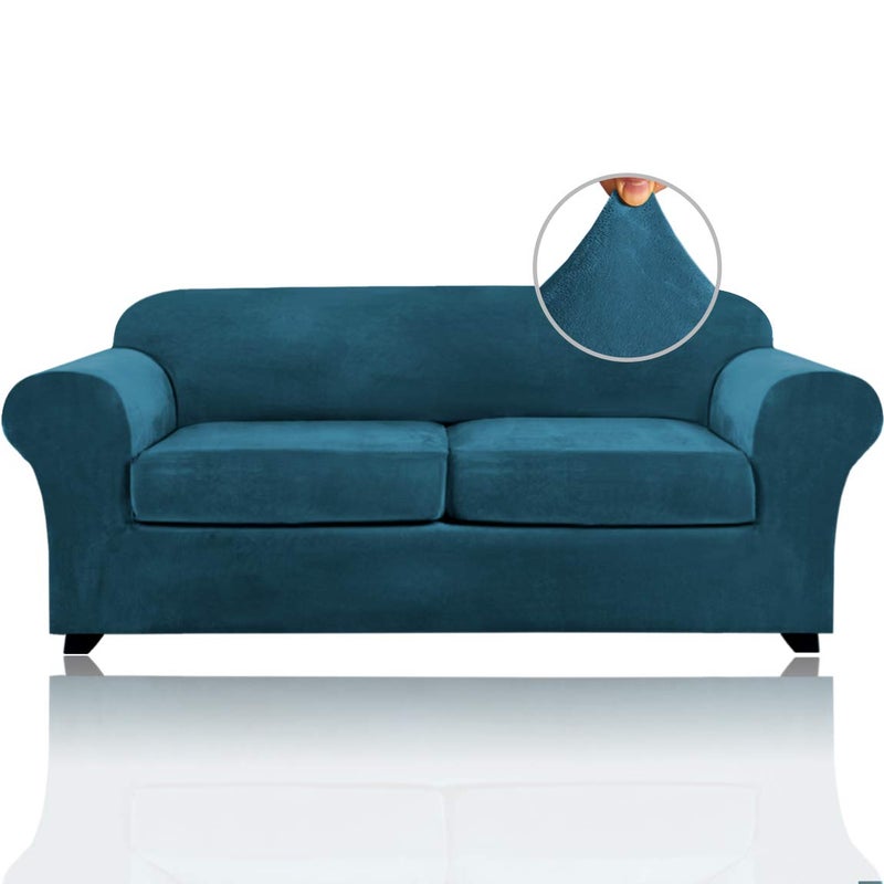 PrinceDeco Couch Cover Velvet Plush Sofa Covers for 2 Cushion Couch Width Up to 90 Inch Washable Furniture Protector Pet Friendly No Slip Sofa SlipcoverMediumLarge Deep Teal