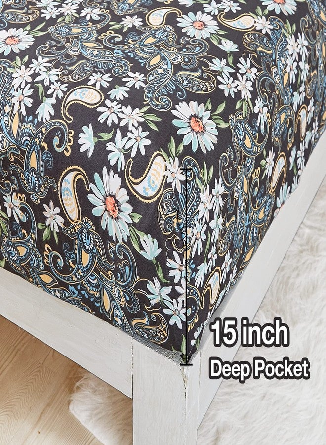 JSD Black Paisley Floral Printed Sheet Set Twin Size, 3 Piece Soft Pattern Microfiber Sheets Extra Deep Pocket - Image 3