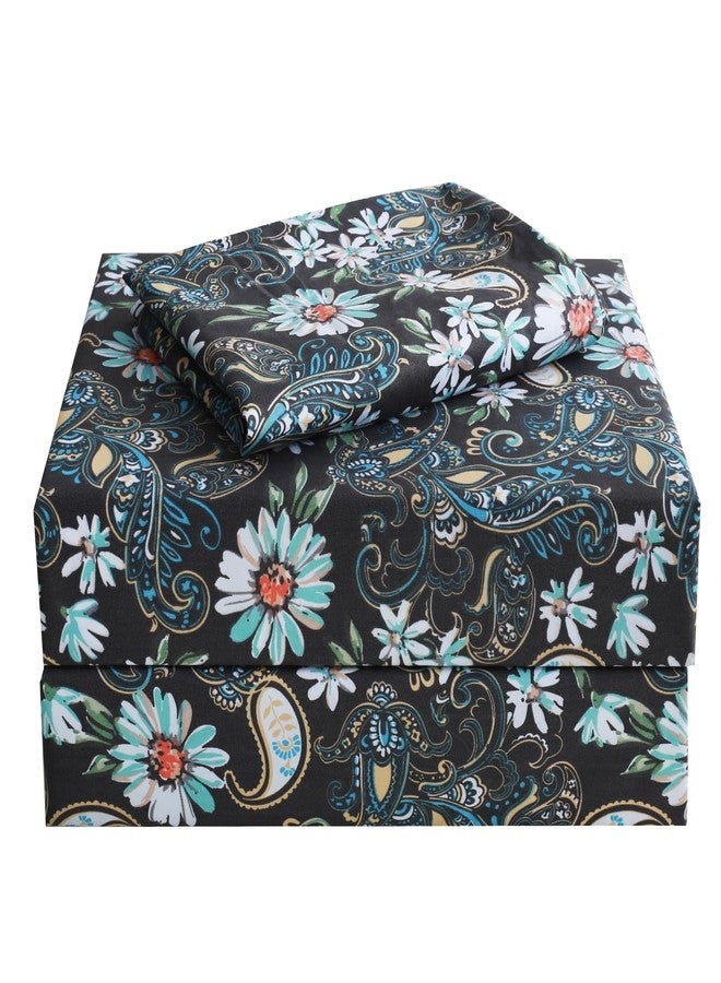 JSD Black Paisley Floral Printed Sheet Set Twin Size, 3 Piece Soft Pattern Microfiber Sheets Extra Deep Pocket - Image 1