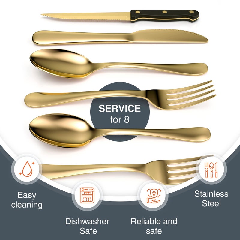 Tribal Cooking 49 Piece Gold Silverware Set - Service for 8 - Stainless Steel Gold Flatware serving set - Cutlery Set - Knives, Fork, and Spoon - Dishwasher Safe - Stunning Polished Finish - Image 3