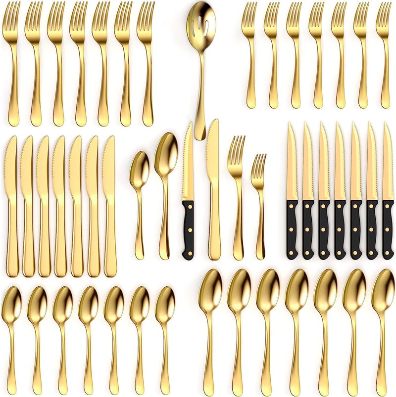 Tribal Cooking 49 Piece Gold Silverware Set - Service for 8 - Stainless Steel Gold Flatware serving set - Cutlery Set - Knives, Fork, and Spoon - Dishwasher Safe - Stunning Polished Finish - Image 1