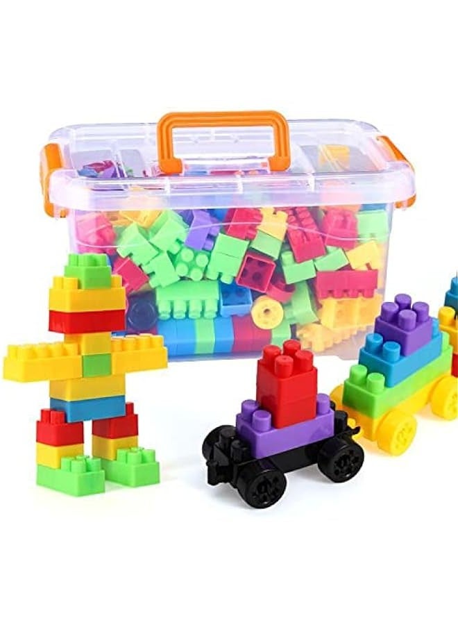 Children's Set of 72 Colorful Soft Plastic Building Blocks with Wheels Train Pieces and Storage Bag - Image 1