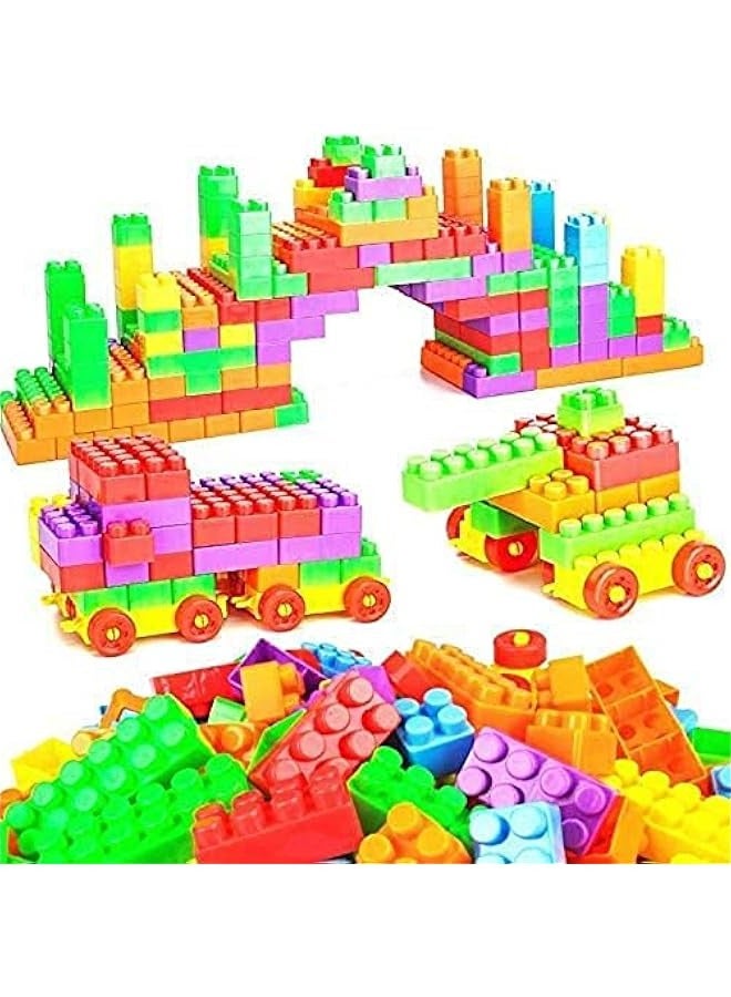 Children's Set of 72 Colorful Soft Plastic Building Blocks with Wheels Train Pieces and Storage Bag - Image 2
