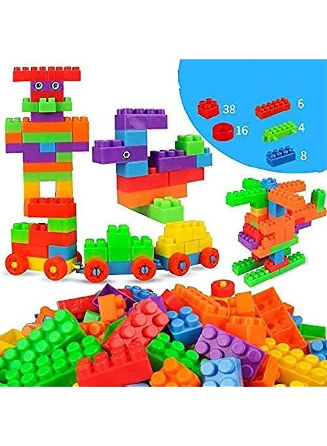 Children's Set of 72 Colorful Soft Plastic Building Blocks with Wheels Train Pieces and Storage Bag - Image 3