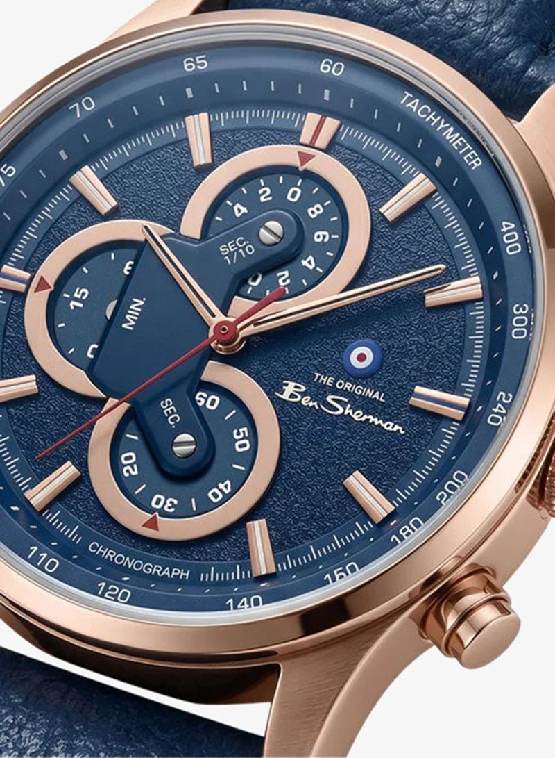بين شيرمان Brighton Blue Dial Blue Genuine Leather Strap Chronograph Watch for Men, 43.5mm
