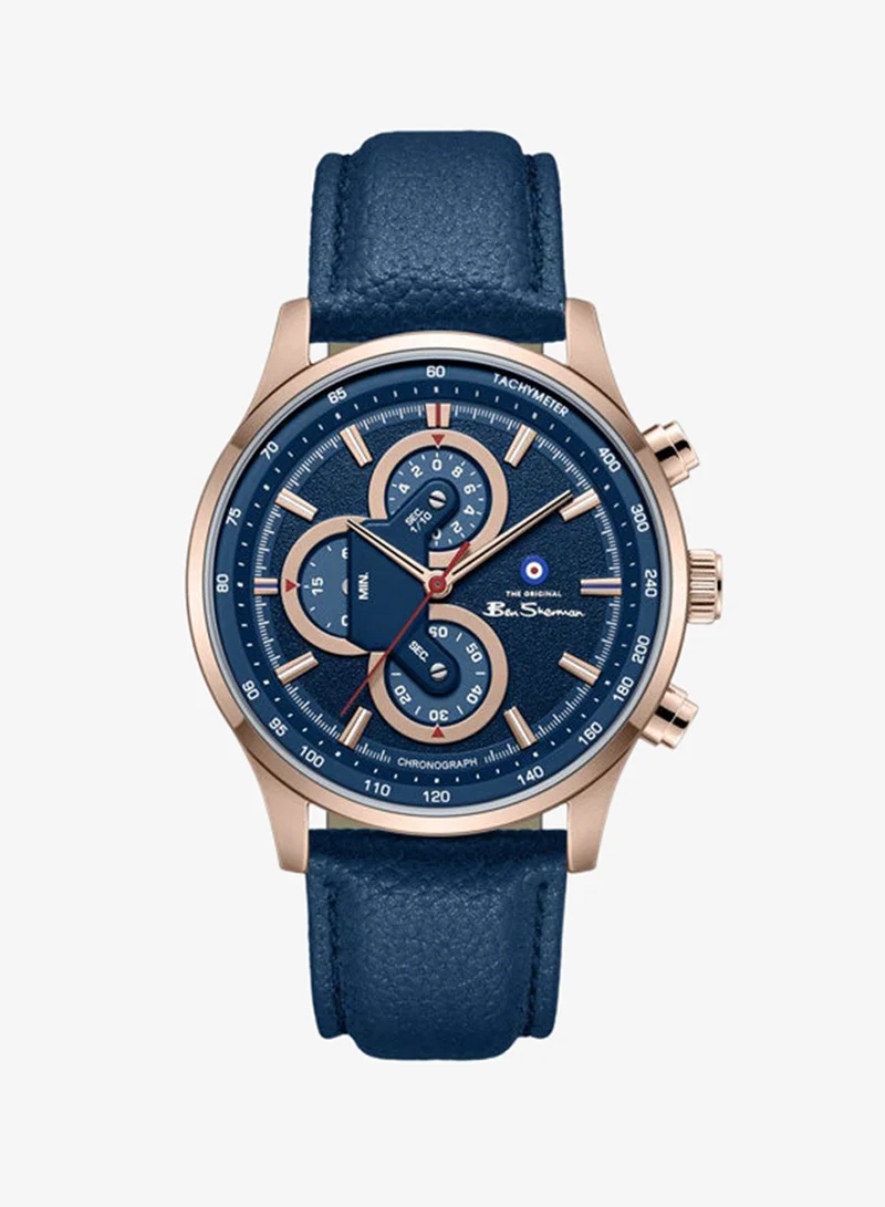 بين شيرمان Brighton Blue Dial Blue Genuine Leather Strap Chronograph Watch for Men, 43.5mm