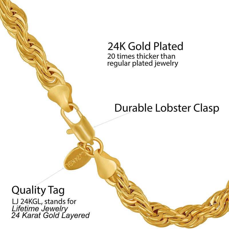 LIFETIME JEWELRY 7mm Rope Chain Bracelet for Men and Women 24K Real Gold Plated (Gold, 7 inches) - Image 4