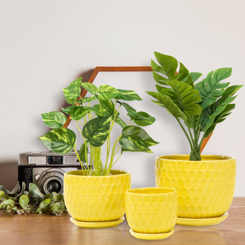 Nattol Yellow Ceramic Flower Pots with Saucers, Modern Round Ceramic Succulent Plant Pots with Honeycomb Inspired Texture Design, Small to Medium Sized, Set of 3 - Image 2