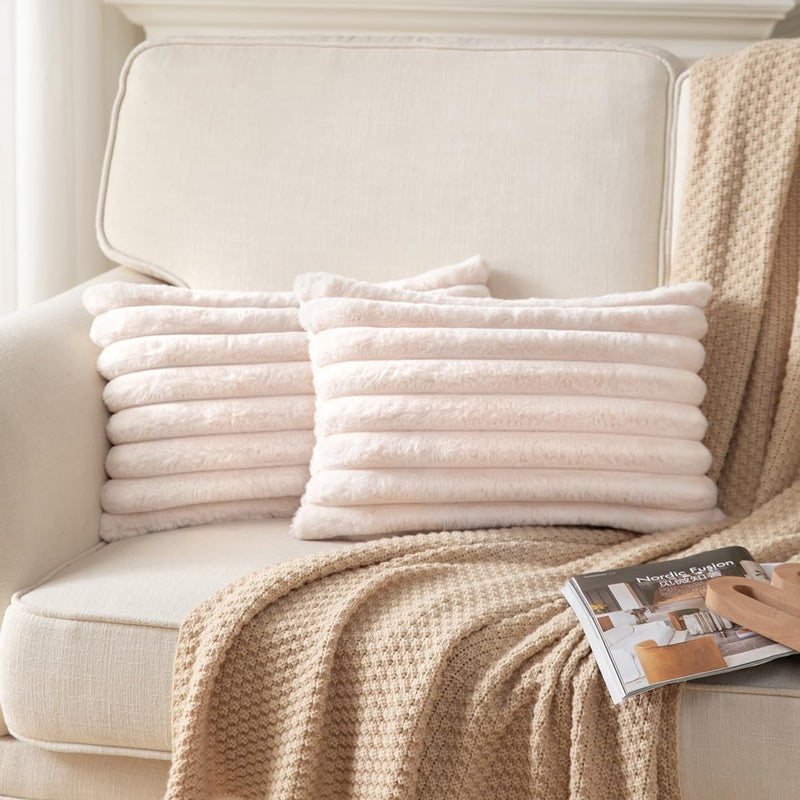 DEELAND Pack of 2 Double-Sided Faux Fur Plush Decorative Throw Pillow Covers Fuzzy Striped Soft Pillowcase Cushion Covers for Sofa Couch Bedroom Beige 12x20 inch - Image 1