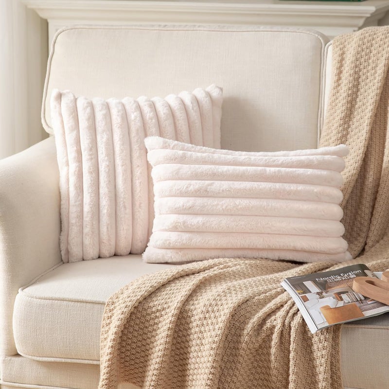 DEELAND Pack of 2 Double-Sided Faux Fur Plush Decorative Throw Pillow Covers Fuzzy Striped Soft Pillowcase Cushion Covers for Sofa Couch Bedroom Beige 12x20 inch - Image 2