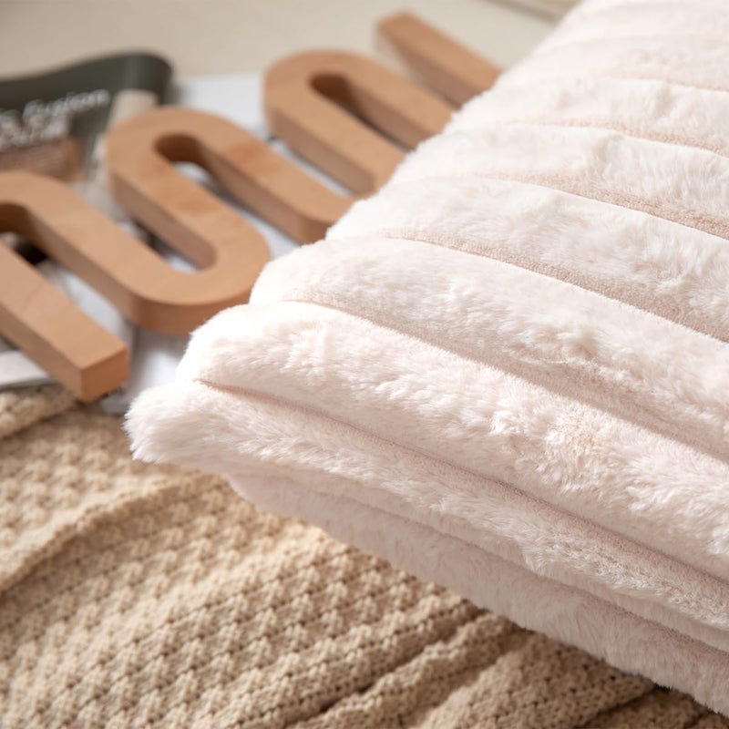 DEELAND Pack of 2 Double-Sided Faux Fur Plush Decorative Throw Pillow Covers Fuzzy Striped Soft Pillowcase Cushion Covers for Sofa Couch Bedroom Beige 12x20 inch - Image 3