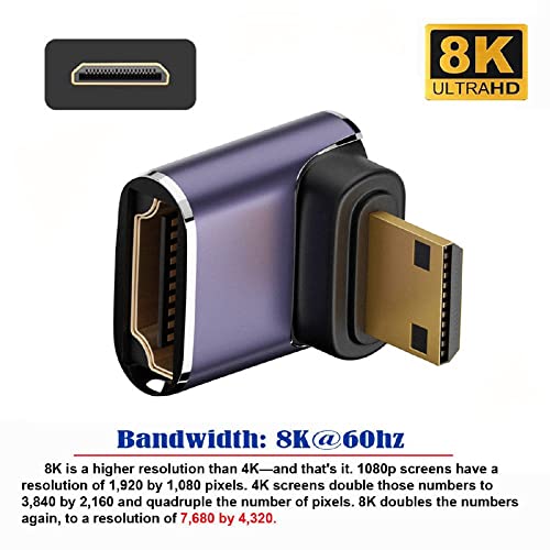 xiwai 8K 60hz HDTV Mini HDMI 90 Degree Extender Gold Converter, Up Angled Mini HDMI Male to Female HDMI 2.1 UHD Extension Adapter - Image 2