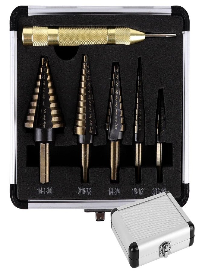 Serplex® 6-Piece Titanium Step Drill Bit Set with Automatic Center Punch, Multi-Size Spiral Groove Unibit Kit for Metal, Wood, High-Speed Steel Cone Drill Bits with Aluminum Storage Case - Image 1