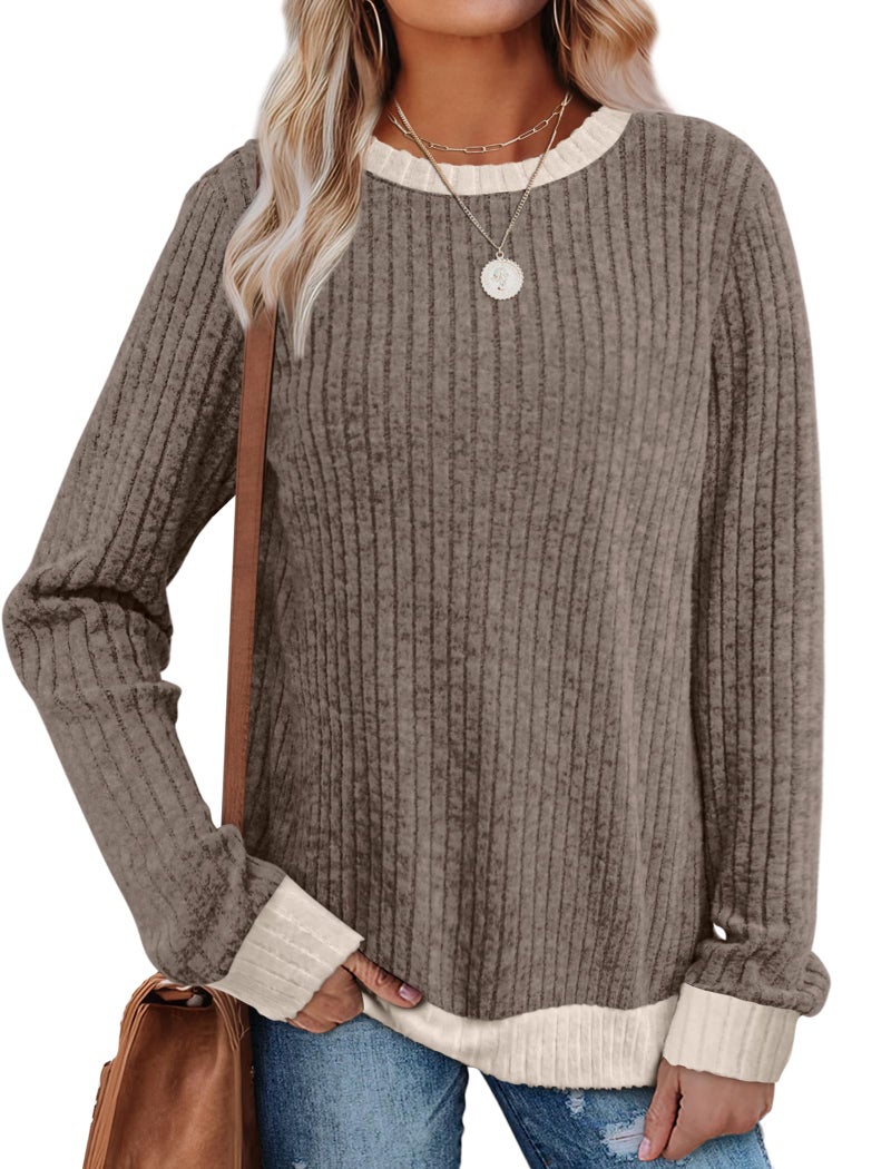 Sampeel Sweaters for Women Early Fall Fashion 2025 Outfits Must Haves Long Sleeve Shirts Cute Tunic Tops Loose Fit Dressy Old Money Clothes Fall Chocolate Brown Clothing M - Image 1
