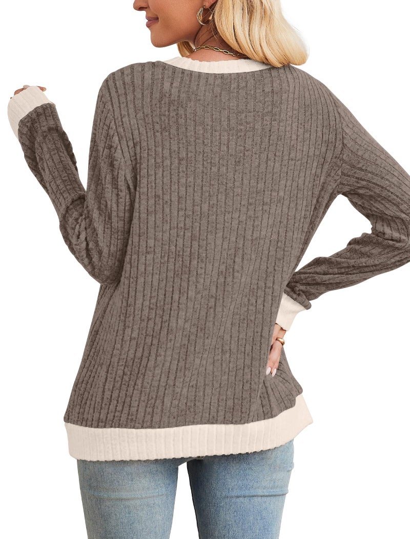 Sampeel Sweaters for Women Early Fall Fashion 2025 Outfits Must Haves Long Sleeve Shirts Cute Tunic Tops Loose Fit Dressy Old Money Clothes Fall Chocolate Brown Clothing M - Image 5