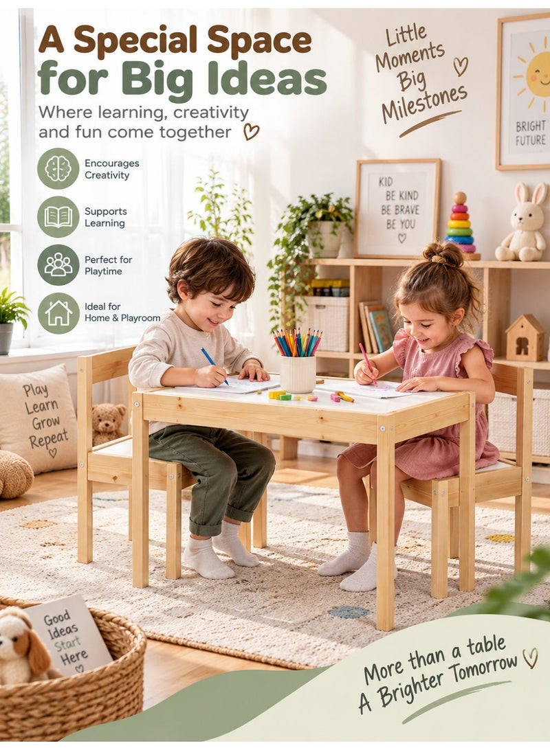 Pine Children's Table with 2 chairs , For Indoor Outdoor Suitable For Small Rooms or Spaces White/Brown Wood 45x63x28 cm - Image 2
