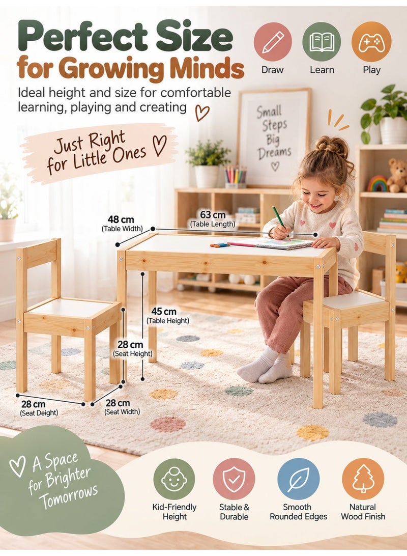 Pine Children's Table with 2 chairs , For Indoor Outdoor Suitable For Small Rooms or Spaces White/Brown Wood 45x63x28 cm - Image 3