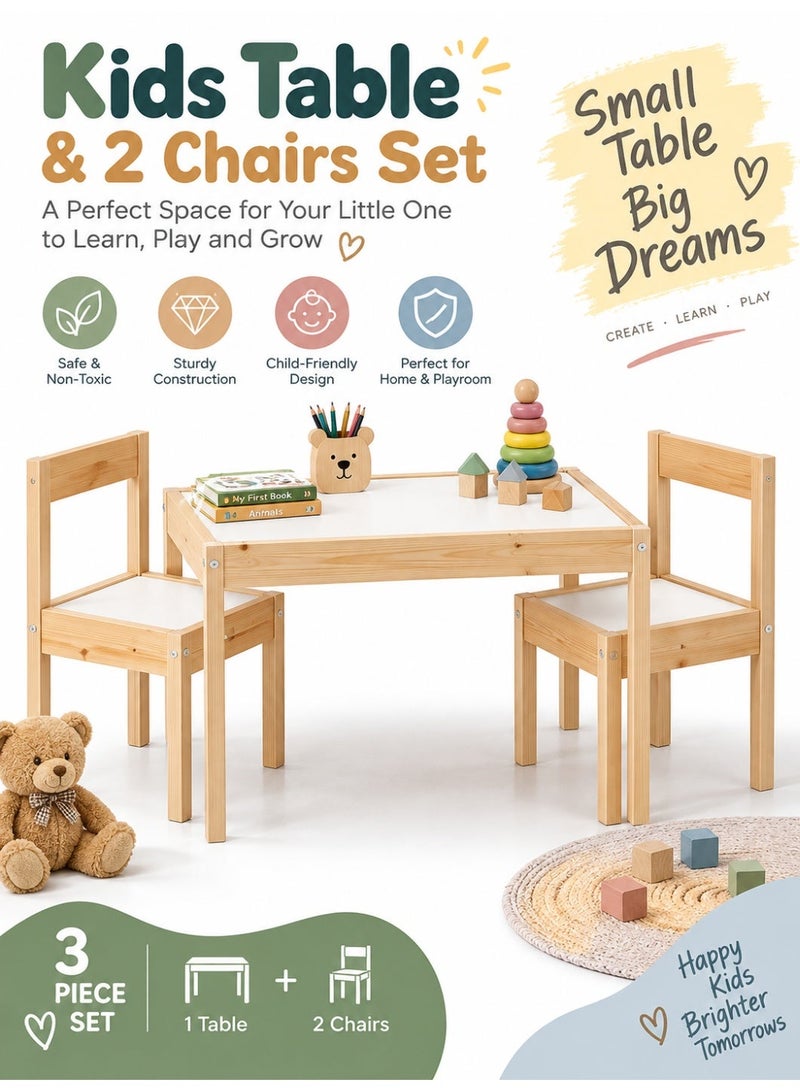 Pine Children's Table with 2 chairs , For Indoor Outdoor Suitable For Small Rooms or Spaces White/Brown Wood 45x63x28 cm - Image 1