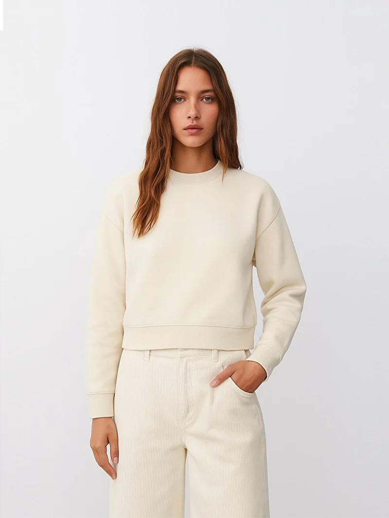 Long Sleeve Crew Neck Basic Beige Sweatshirt