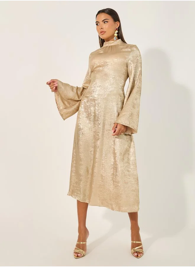 Styli Shimmer Bell Sleeves A-Line Midi Dress