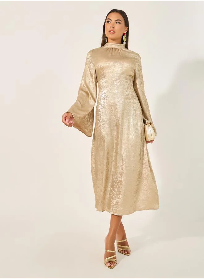 Styli Shimmer Bell Sleeves A-Line Midi Dress