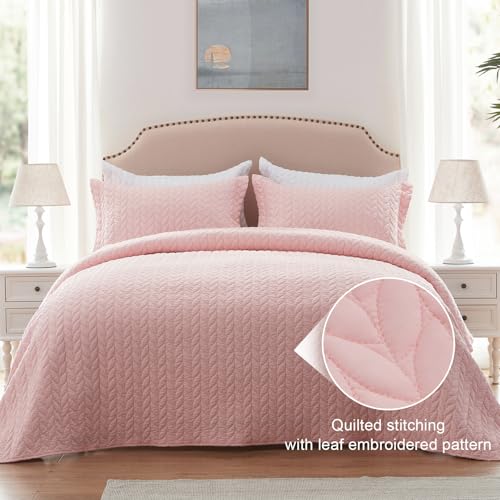 SunStyle Home Pink Quilt Queen Size, Lightweight Comforter Bedspread Full Queen Quilt Bedding Set, Soft Reversible Coverlet for All Season 3pcs Leaf Embroidered Durable Quilted Stitching Bed Set Blush - Image 2