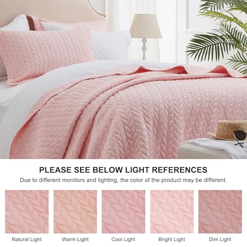 SunStyle Home Pink Quilt Queen Size, Lightweight Comforter Bedspread Full Queen Quilt Bedding Set, Soft Reversible Coverlet for All Season 3pcs Leaf Embroidered Durable Quilted Stitching Bed Set Blush - Image 4