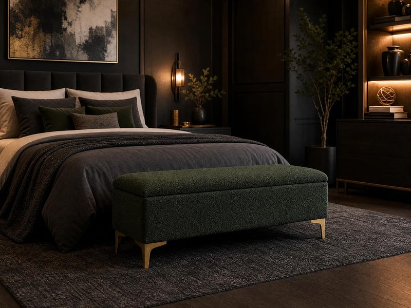 Modern Upholstered Boucle Storage Ottoman Bench with Golden Metal Legs - Dark Green - Image 2