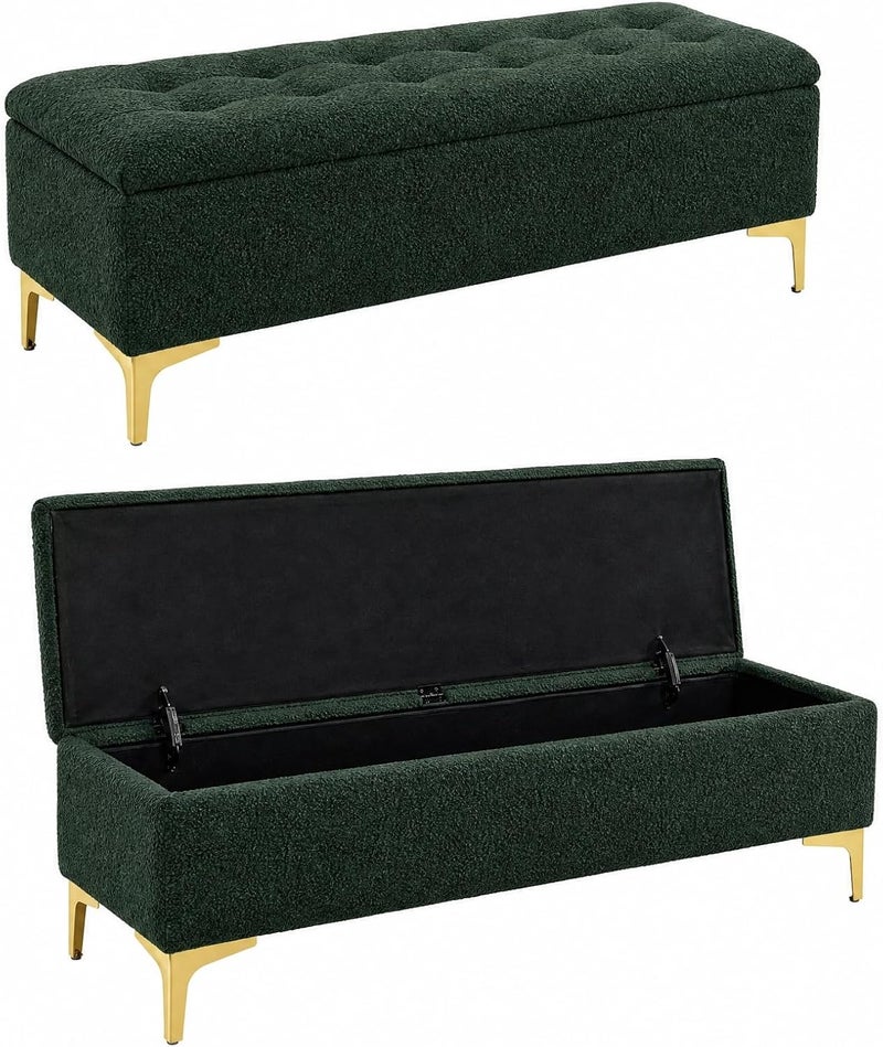 Modern Upholstered Boucle Storage Ottoman Bench with Golden Metal Legs - Dark Green - Image 4