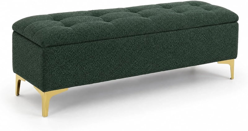 Modern Upholstered Boucle Storage Ottoman Bench with Golden Metal Legs - Dark Green - Image 1