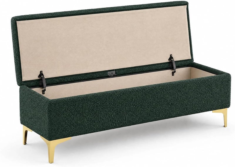 Modern Upholstered Boucle Storage Ottoman Bench with Golden Metal Legs - Dark Green - Image 5