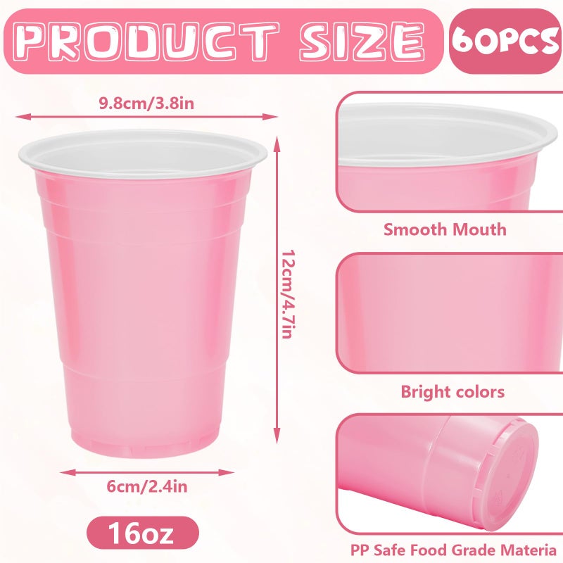 Whaline أكواب بلاستيكية ملونة من واهلين 60 قطعة سعة 16 أونصة باللون الوردي الفاتح والوردي الساخن والبرتقالي، أكواب قابلة للتصرف لمستلزمات حفلات الزفاف وأعياد الميلاد - Image 2