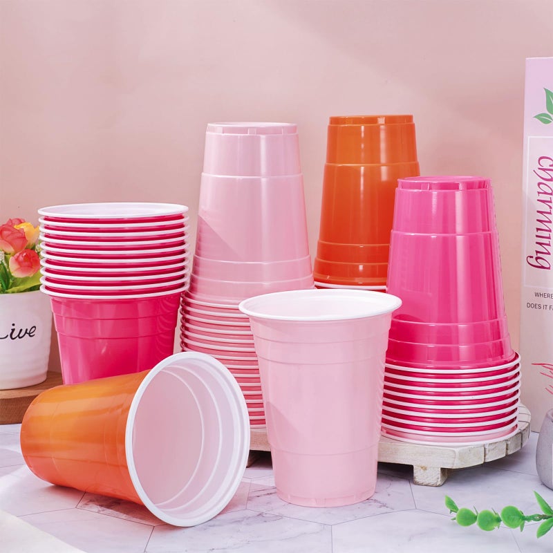 Whaline أكواب بلاستيكية ملونة من واهلين 60 قطعة سعة 16 أونصة باللون الوردي الفاتح والوردي الساخن والبرتقالي، أكواب قابلة للتصرف لمستلزمات حفلات الزفاف وأعياد الميلاد - Image 3
