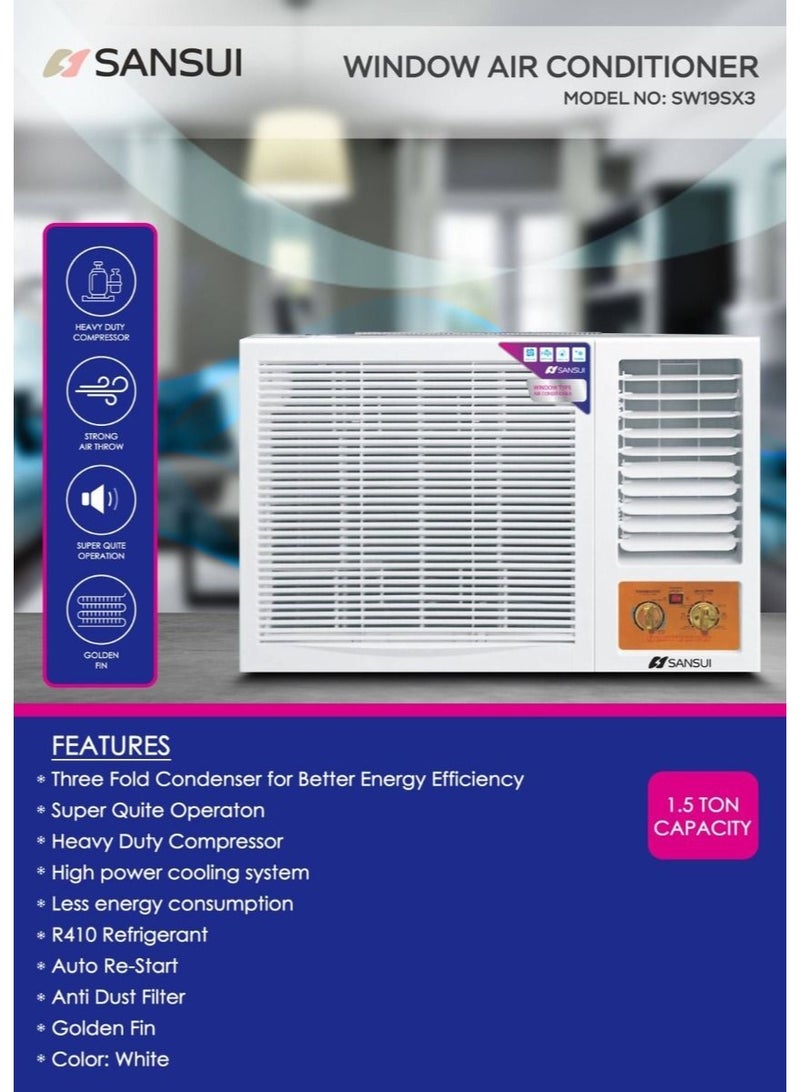 Sansui SW19SX3 – 1.5 Ton Window AC with Heavy‑Duty Rotary Compressor, R410A, Grooved Copper Tubing, Auto‑Restart, Anti‑Dust Filter - Image 1