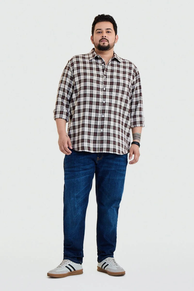 سنيتش Dark Brown Checkered Long Sleeve Regular Fit Plus Size Shirt