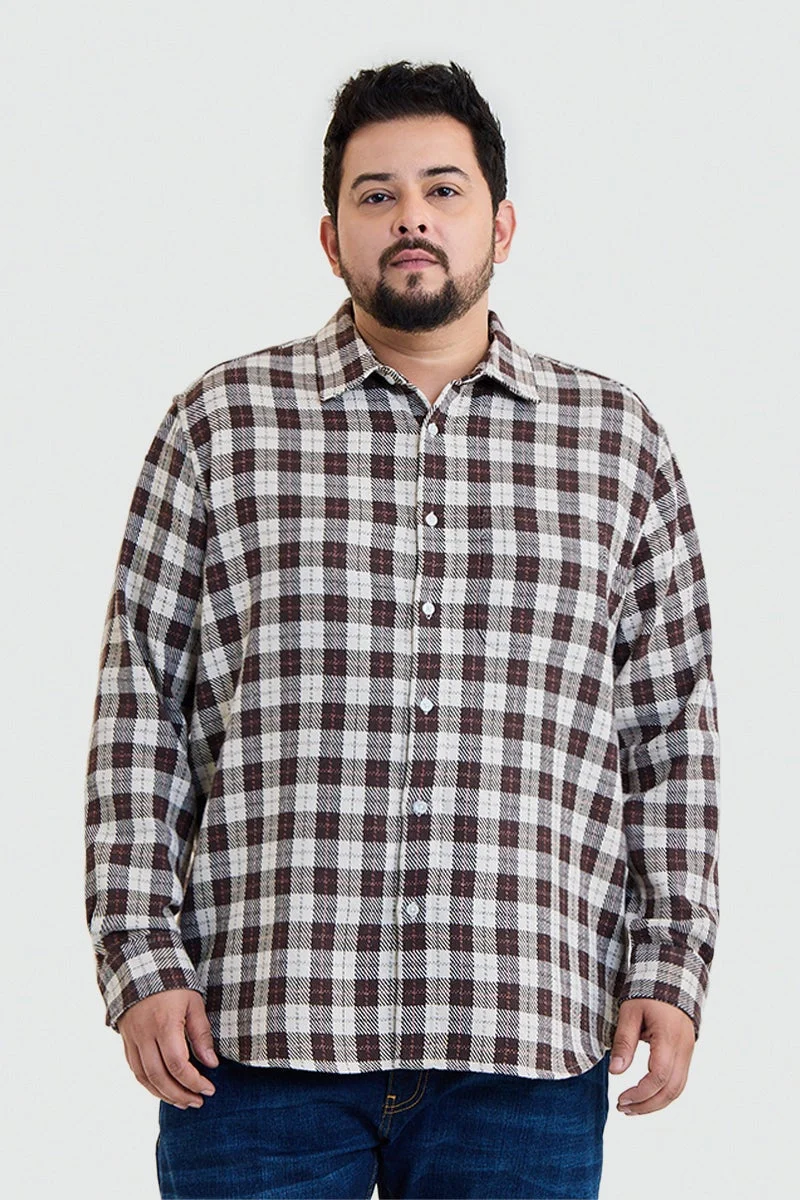 سنيتش Dark Brown Checkered Long Sleeve Regular Fit Plus Size Shirt