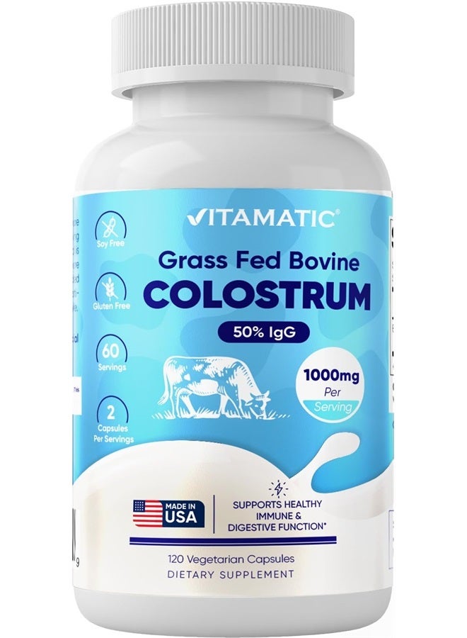 Vitamatic Bovine Colostrum Supplement 1000 mg per Serving - 50% Highest IgG - Supplement for Gut Health, Hair Growth, Beauty, Muscle Recovery, & Immune Support - 120 Capsules - Image 1