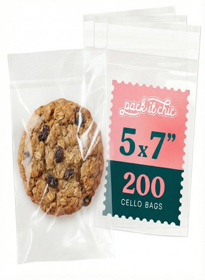 Pack It Chic 5" X 7" Self Sealing Cellophane Bags (200 Pack) - Clear Cookie Bags With Seal for Baked Goods Packaging, Cookie Wrappers, Bakery Packaging, Bake Sale, Candy, Treats, Goodies, Gifts, Party Favors - Image 1