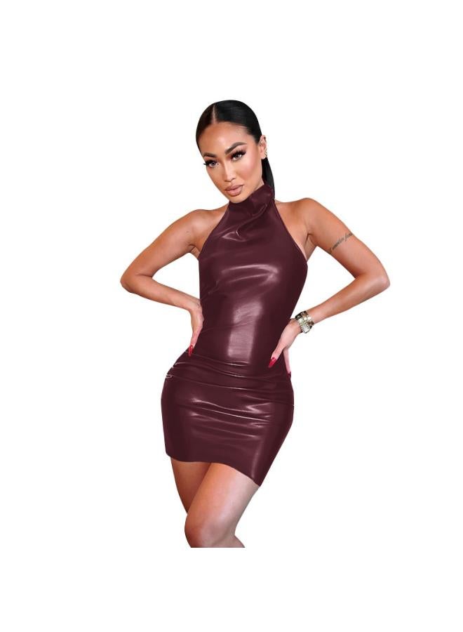 European And American-style Crumpled Women's Hip Skirt Women's Clothing Spring And Summer Women's Pu Leather Backless Halter Dress Women's
