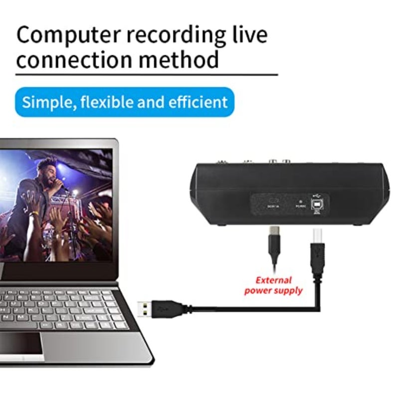 Audio Mixer 5 Channel BT Sound DJ Stereo Mixing Console USB for Performance Stage Podcasting Recording PC 48V Phantom Power Reverb Effects - Image 5