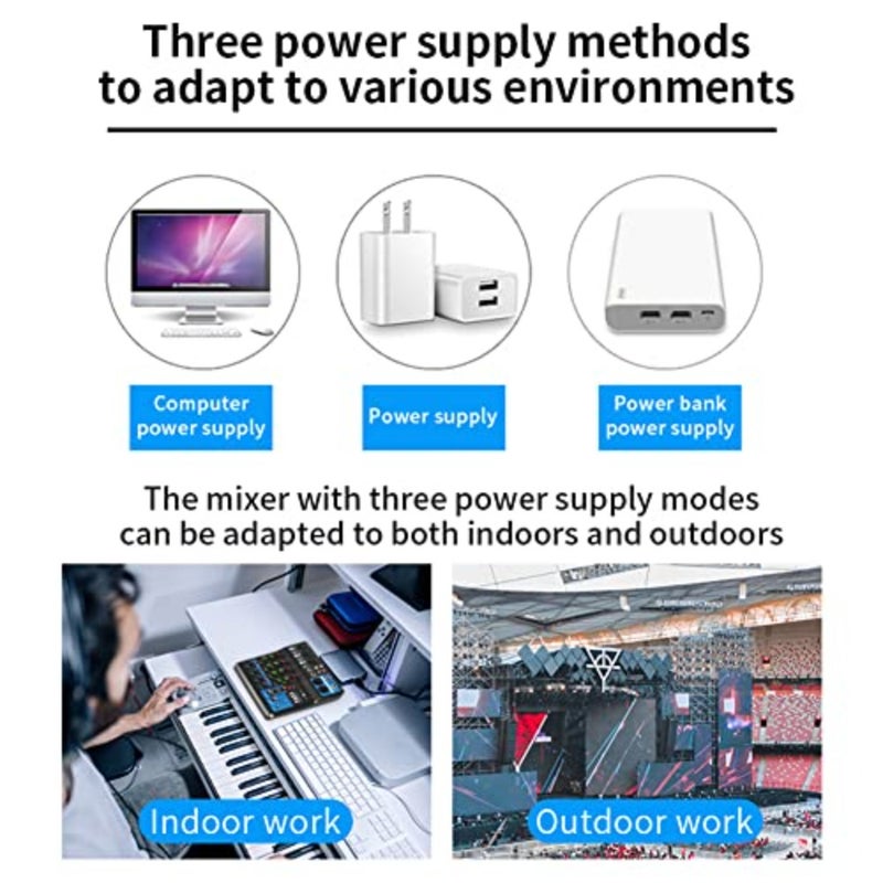 Audio Mixer 5 Channel BT Sound DJ Stereo Mixing Console USB for Performance Stage Podcasting Recording PC 48V Phantom Power Reverb Effects - Image 4