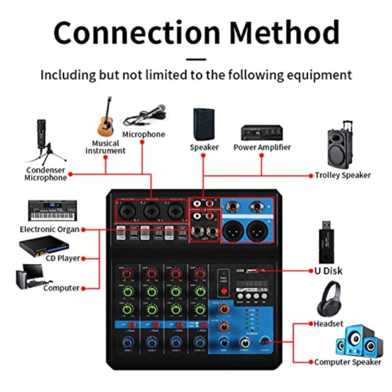 Audio Mixer 5 Channel BT Sound DJ Stereo Mixing Console USB for Performance Stage Podcasting Recording PC 48V Phantom Power Reverb Effects - Image 2
