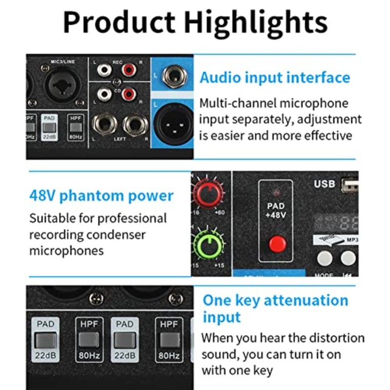 Audio Mixer 5 Channel BT Sound DJ Stereo Mixing Console USB for Performance Stage Podcasting Recording PC 48V Phantom Power Reverb Effects - Image 3