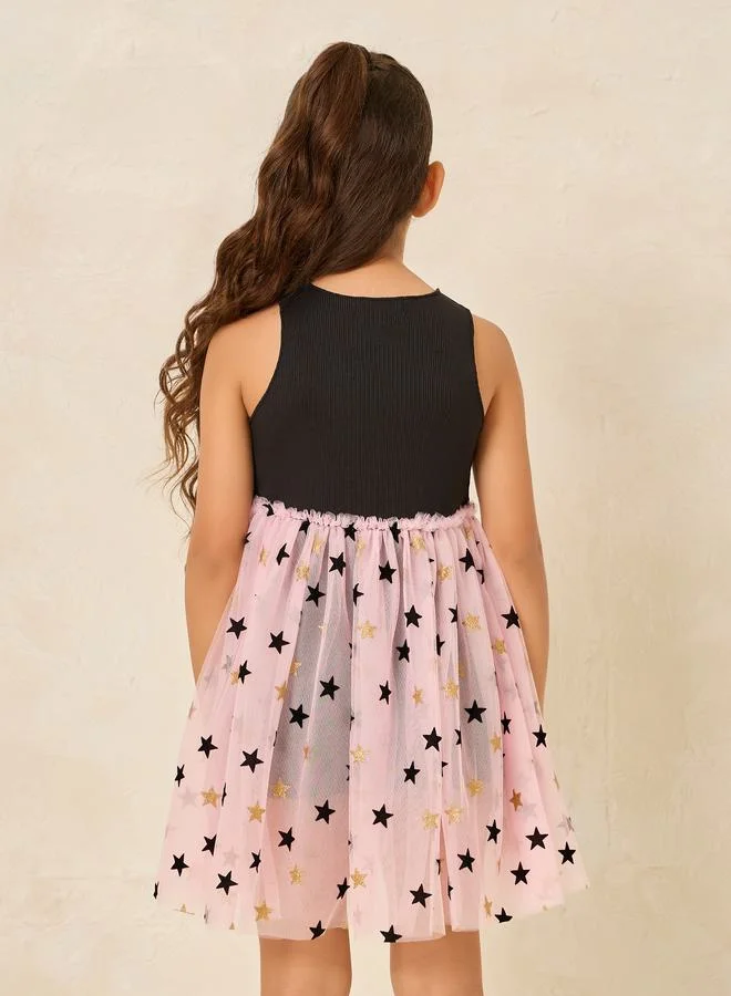 ستايلي Ribbed Star Print Mesh Hem Dress