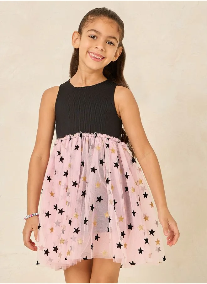 ستايلي Ribbed Star Print Mesh Hem Dress