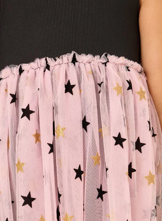 ستايلي Ribbed Star Print Mesh Hem Dress